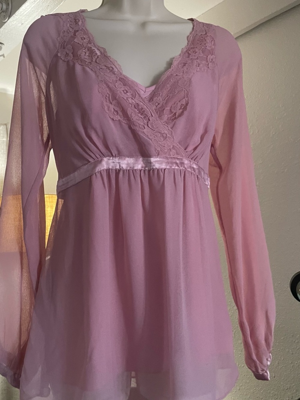 Maternity Sheer Pink Lace-Trim Blouse